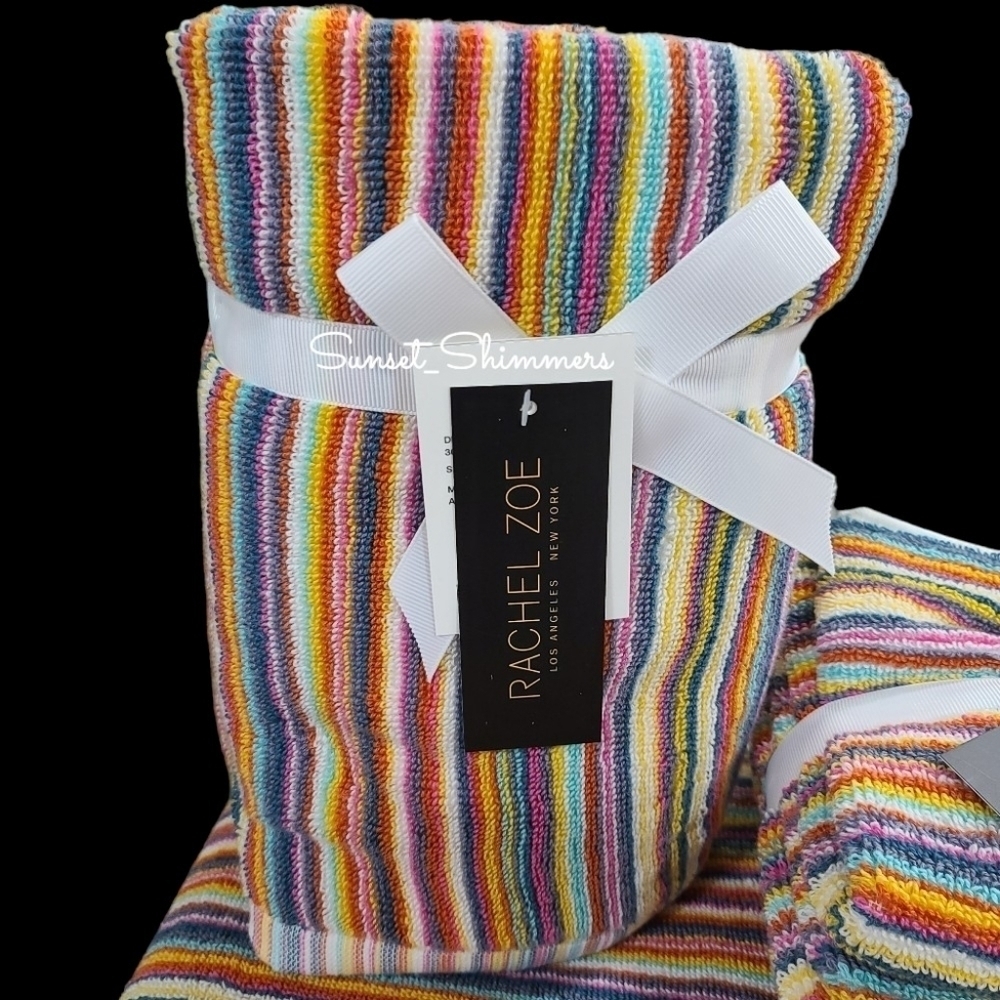 8pc Rachel Zoe Cotton Rainbow Striped Multicolored Bath Hand Washcloth Towel Set - Picture 2 of 9